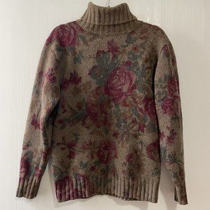Vintage Ralph Lauren Women's Turtleneck Sweater Sz M Roses 100% Wool 80s READ